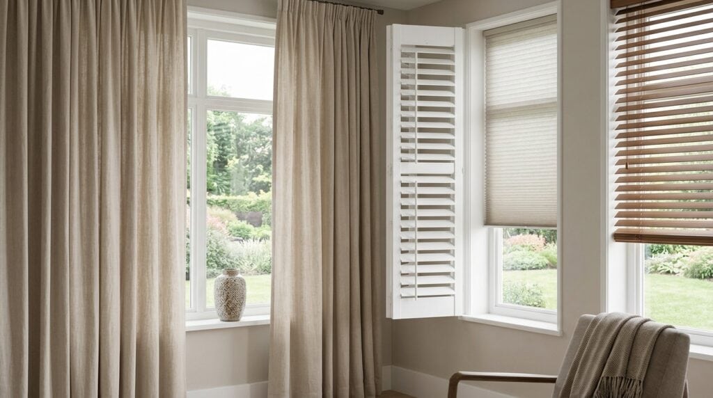 Bright living room with large windows, beige curtains, and white blinds overlooking a garden.