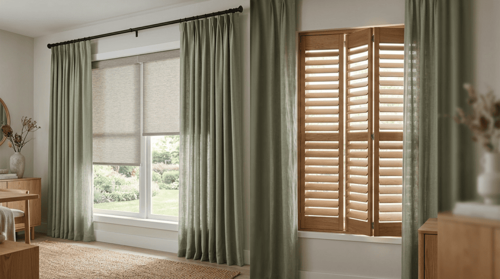 Living room with large window, green curtains, and wooden shutters, overlooking a garden.